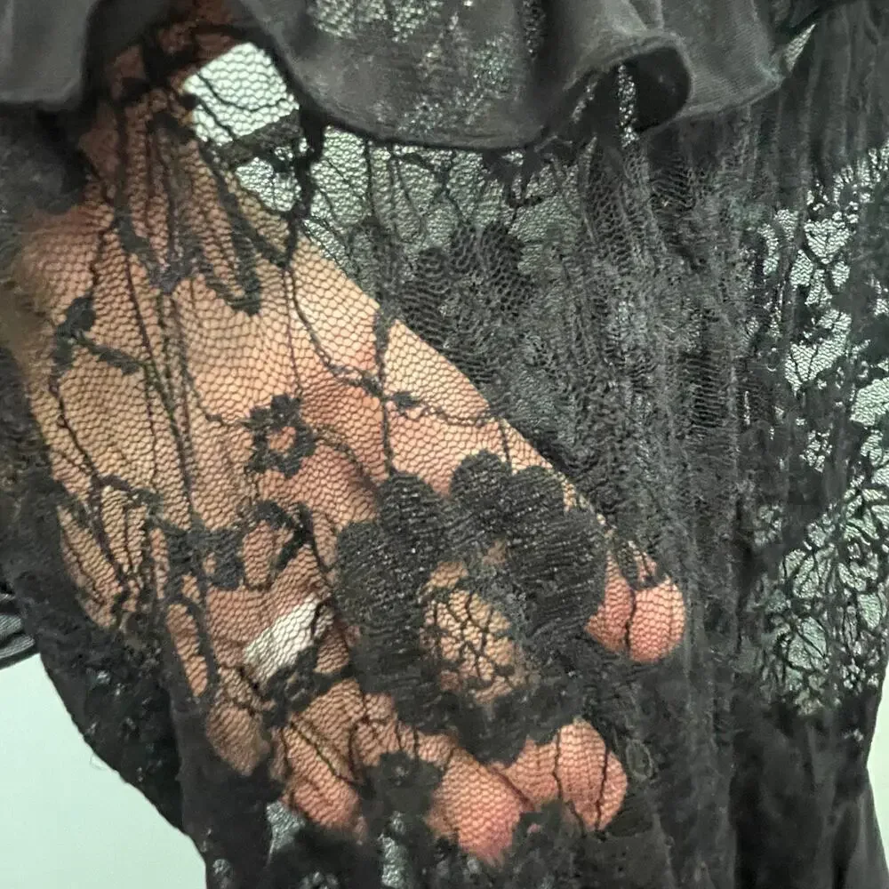 Black Lace Teddy Chemise Size Small Lingerie Floral Ruffle Stretch